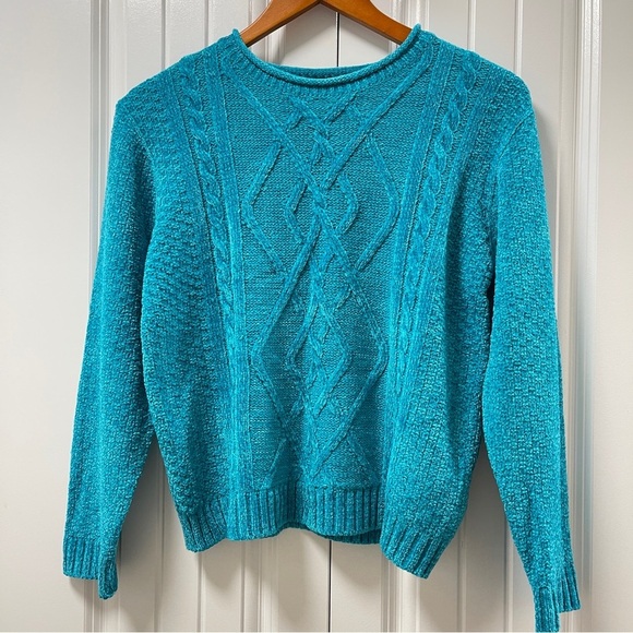 Vintage Evan Picone Chenille Cable Knit Teal Blue Sweater - Picture 2 of 12